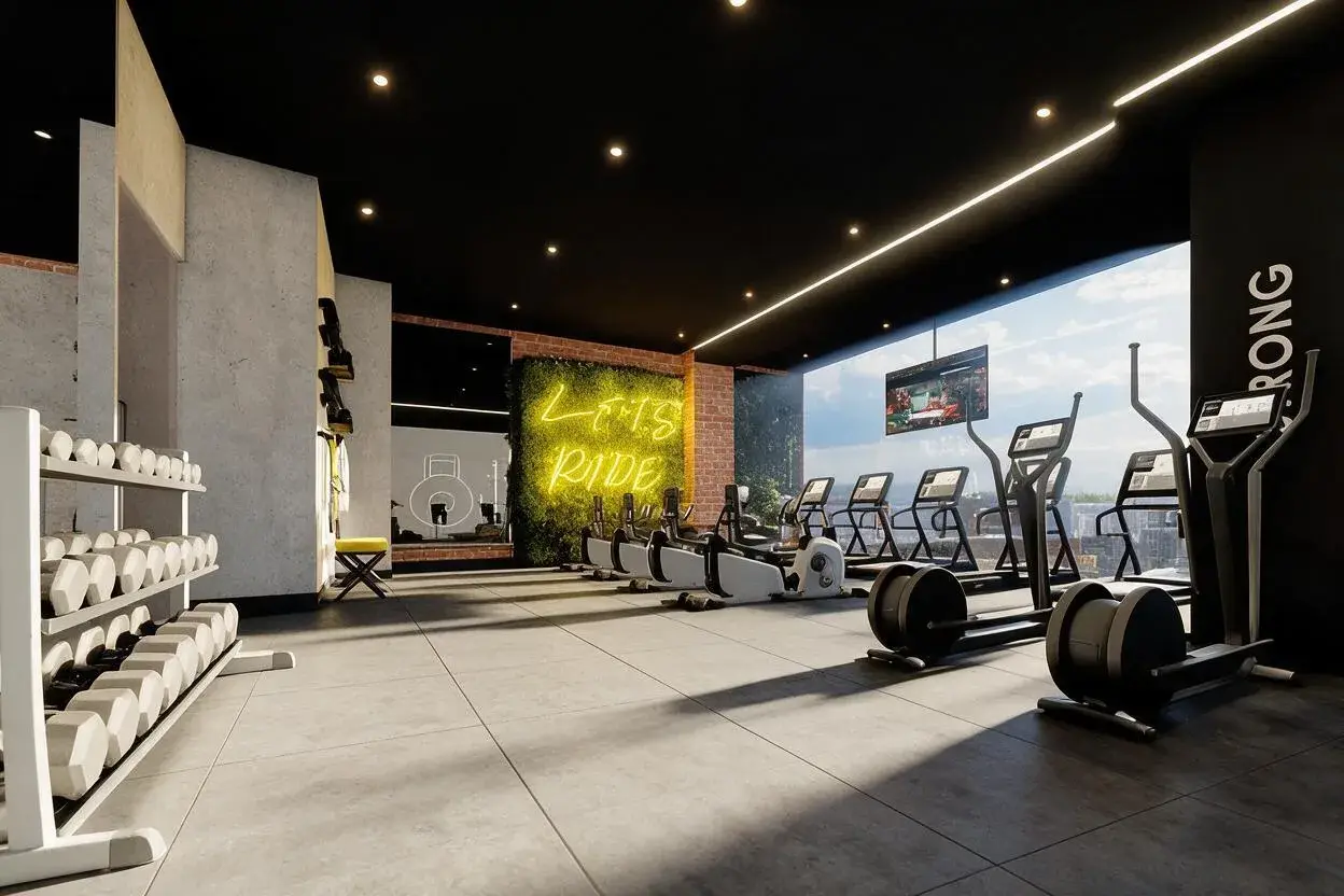 Gimnasio equipado con vista a la ciudad