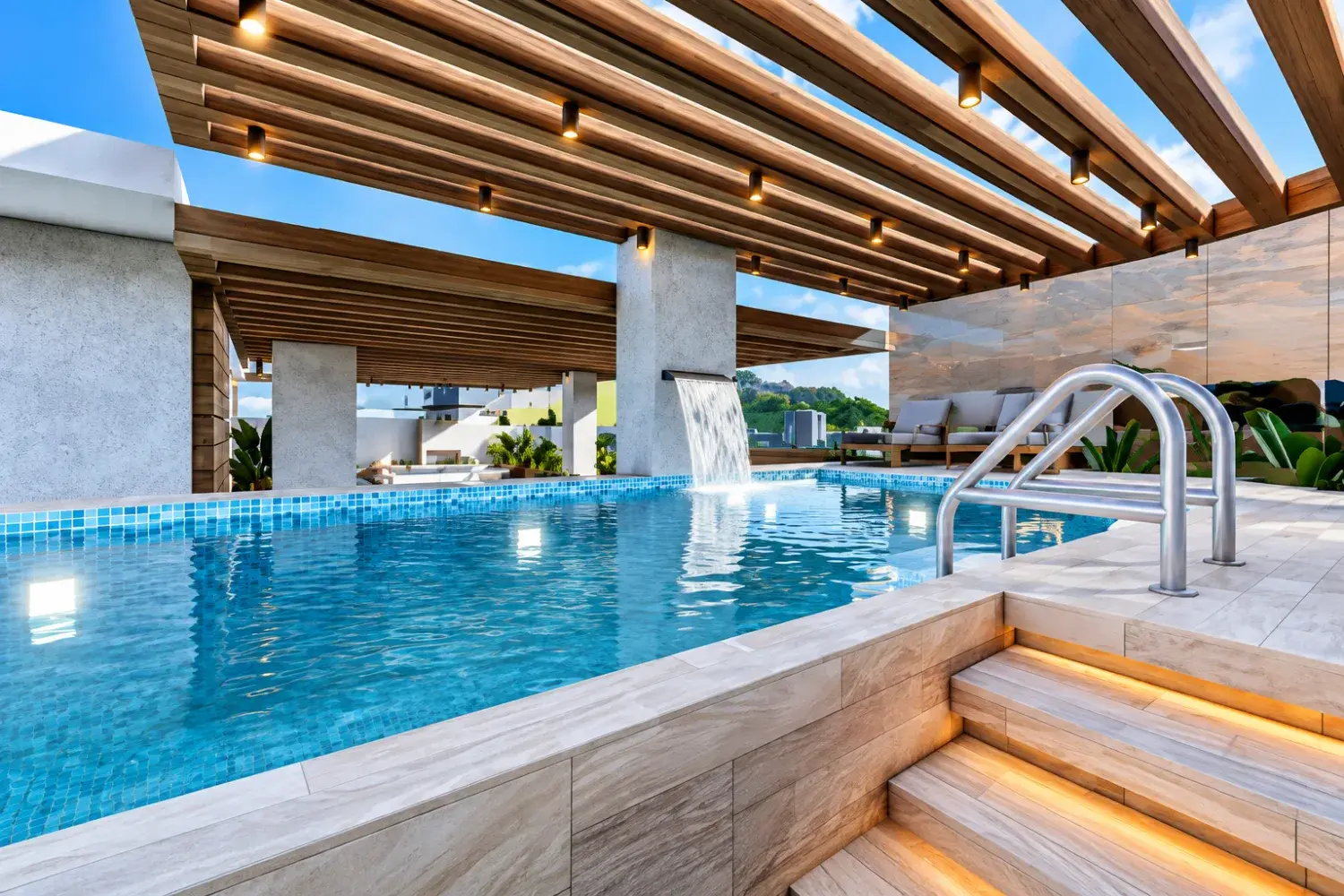 Piscina en terraza bajo pérgola de madera